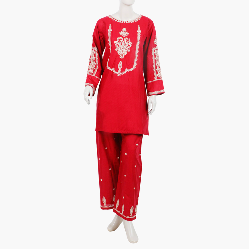 Women's Embroidered Stitched 2Pcs Shalwar Suit - Red
