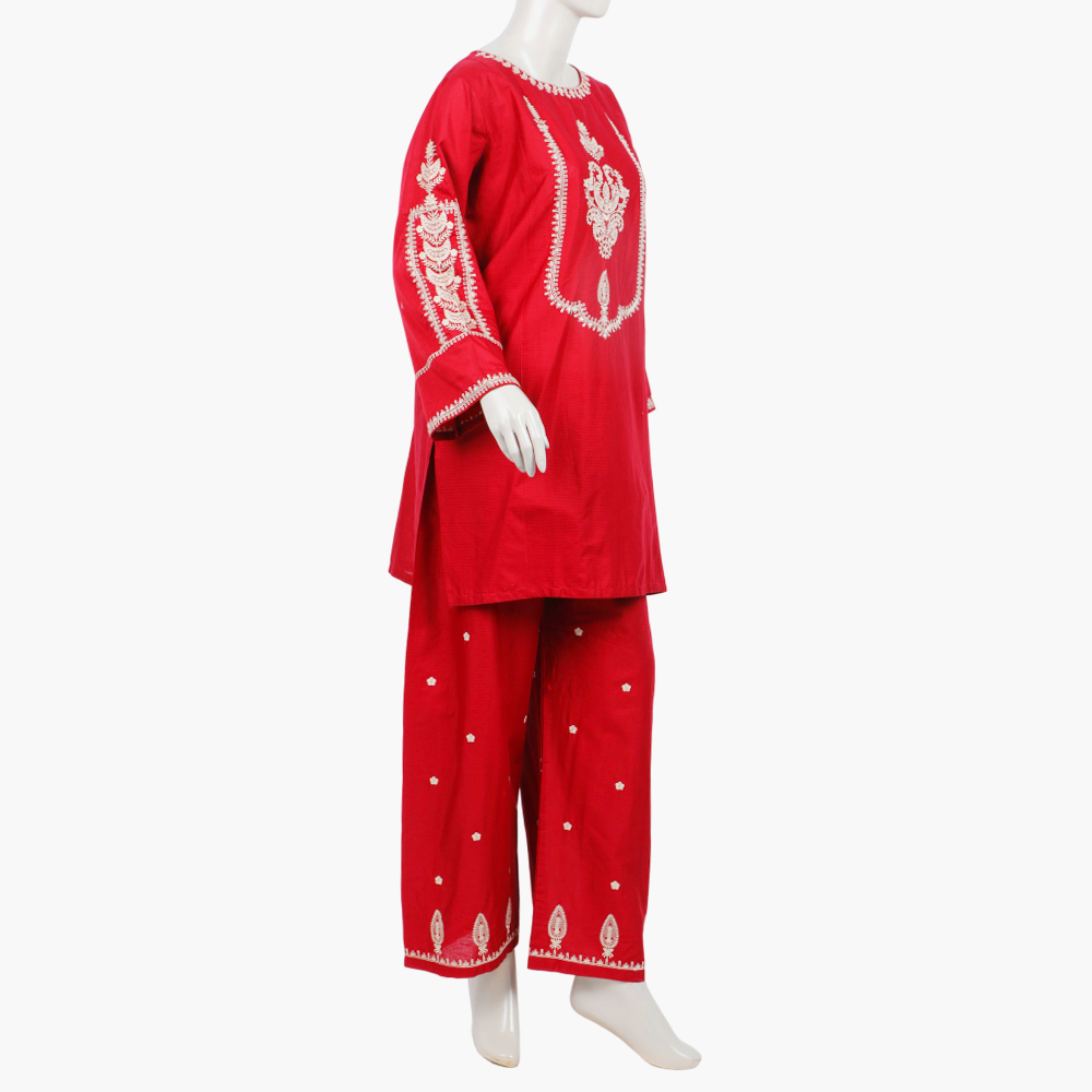 Women's Embroidered Stitched 2Pcs Shalwar Suit - Red, Women Shalwar Suits, Chase Value, Chase Value