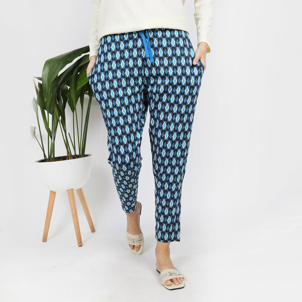 Women's Stretched Printed Trouser - Blue & Green, Women Pants & Tights, Chase Value, Chase Value