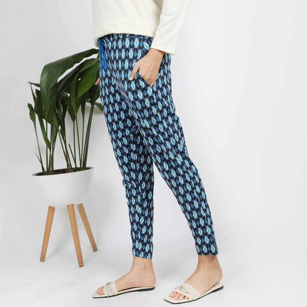 Women's Stretched Printed Trouser - Blue & Green, Women Pants & Tights, Chase Value, Chase Value