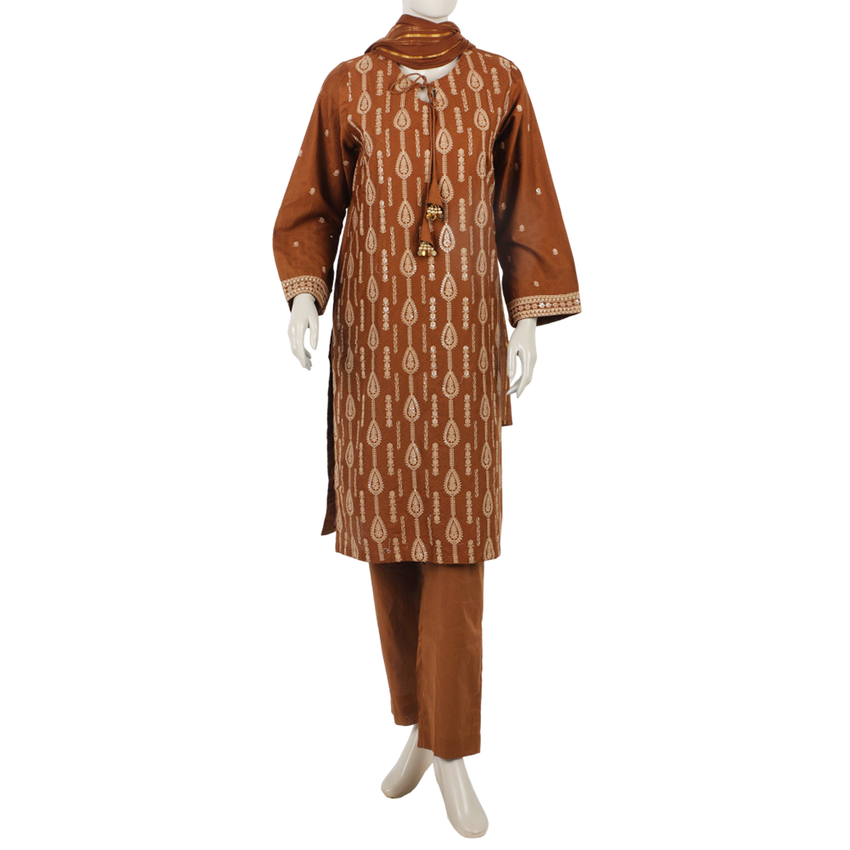 Eminent Women's Embroidered 3Pcs Stitched Suit - Brown