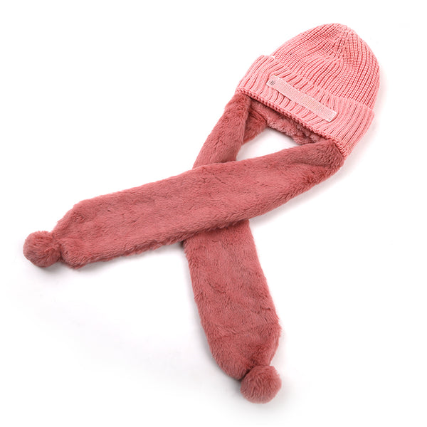 Kids Woolen Cap with Muffler - Pink