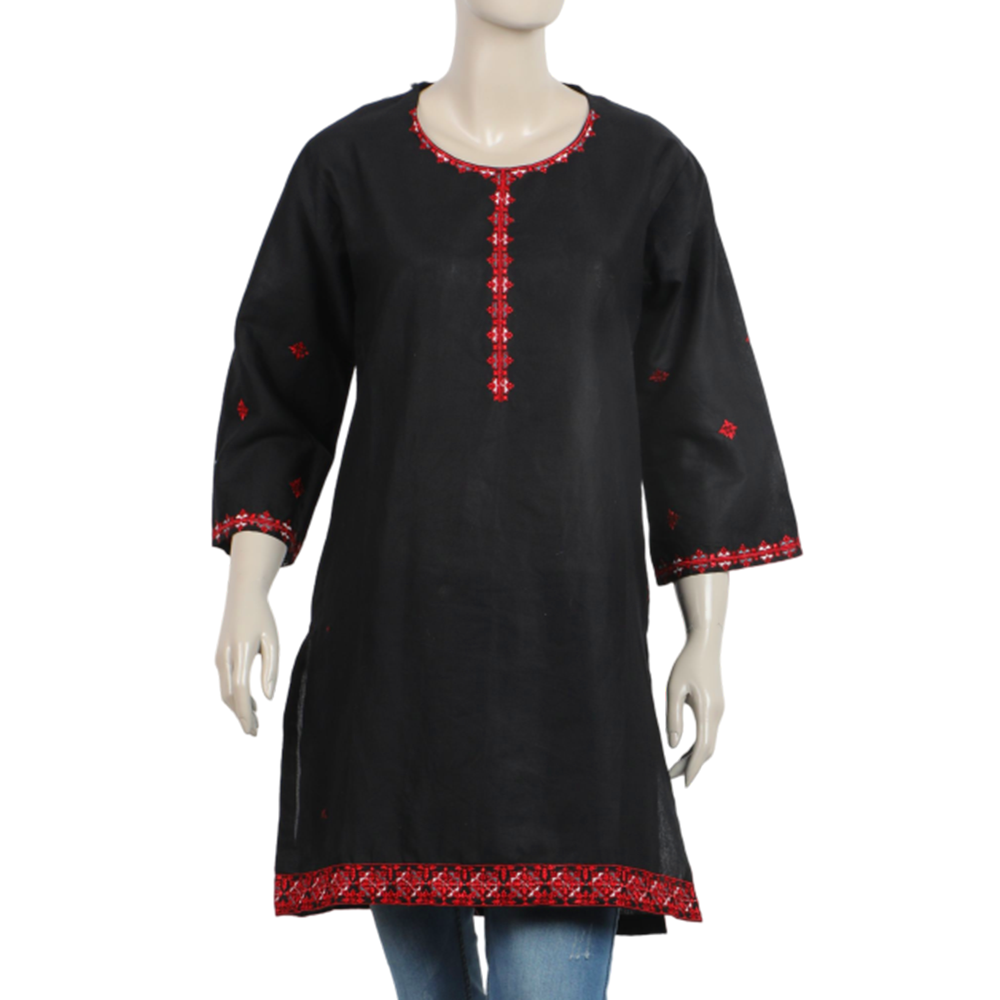 Women's Embroidered Stitched Kurti - Black, Women Ready Kurtis, Chase Value, Chase Value