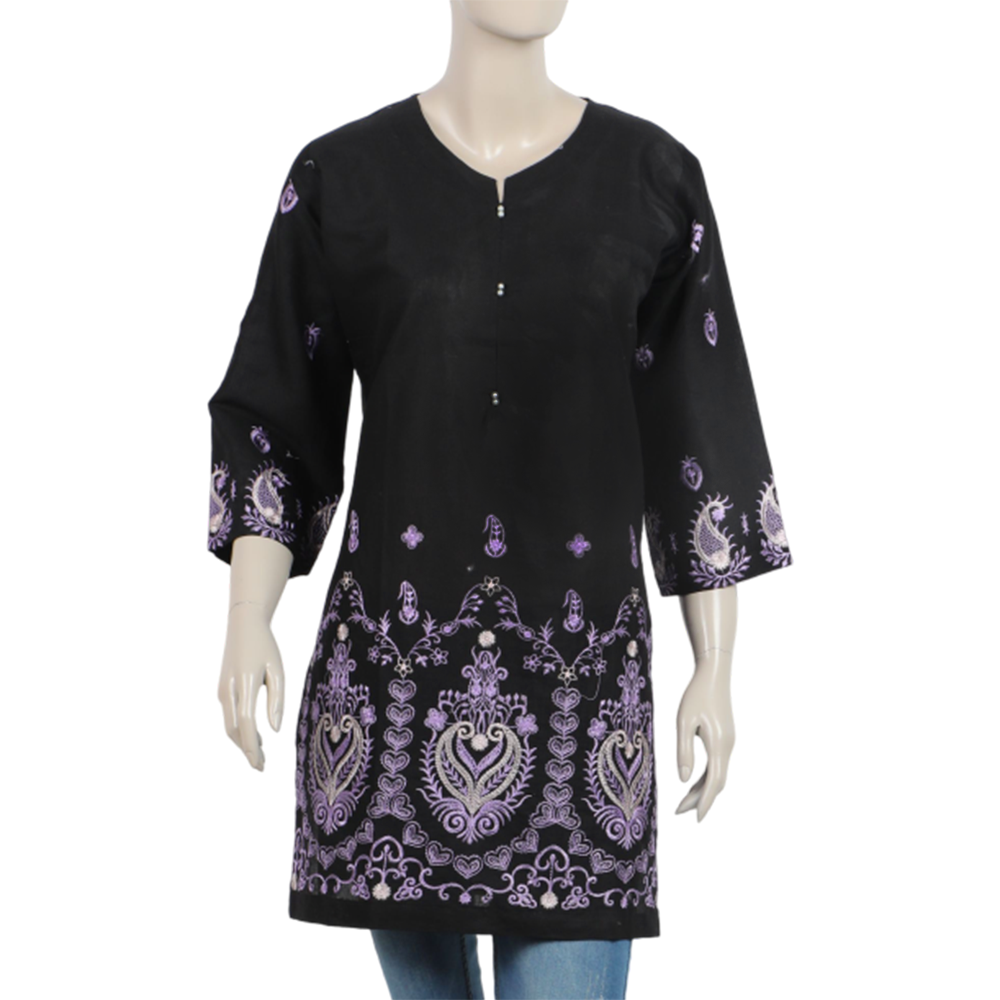Women's Embroidered Stitched Kurti - Black, Women Ready Kurtis, Chase Value, Chase Value