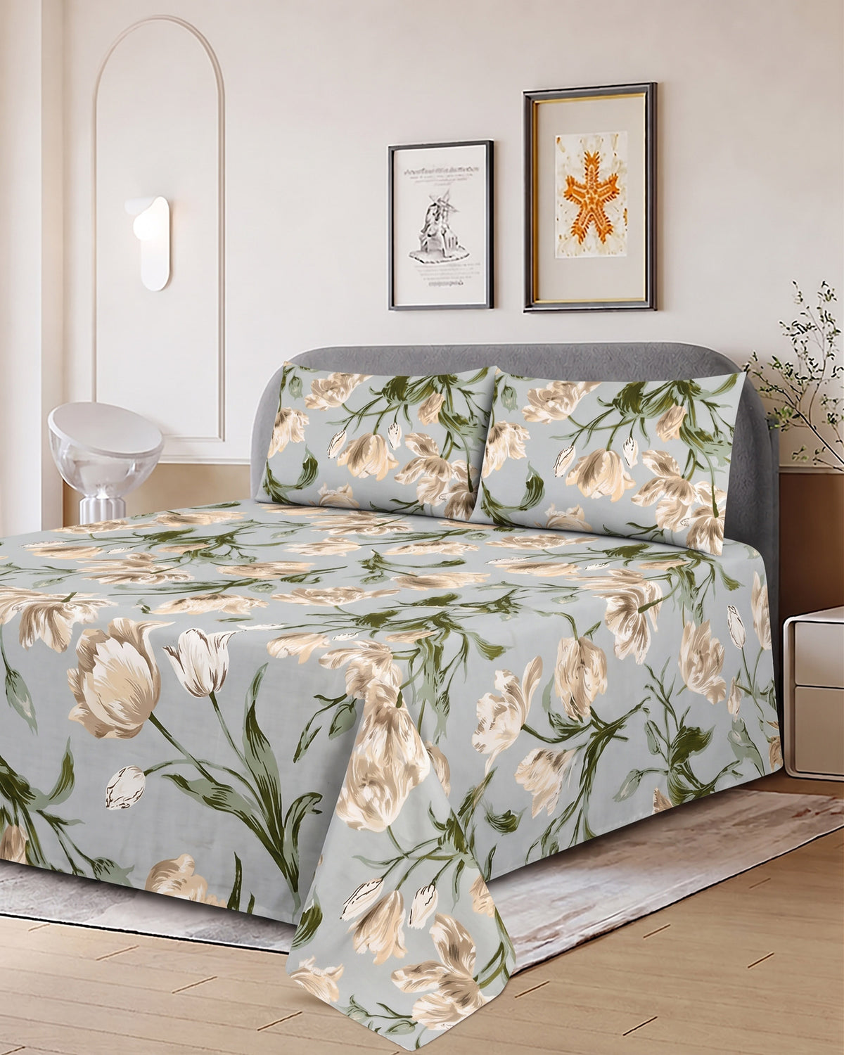 Printed Cotton Double Bed Sheets - 3 Pcs - 94 x 98 Inch