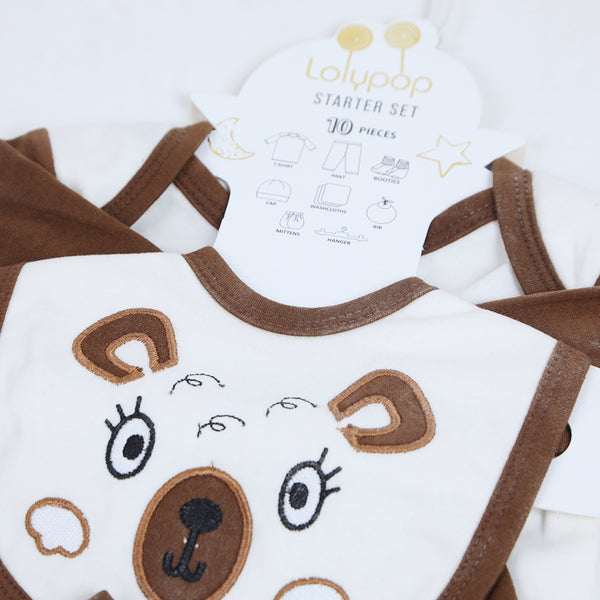 Newborn Boys Starter Set Bear Face Pack of 10 - Chocolate, Newborn Boys Sets & Suits, Chase Value, Chase Value