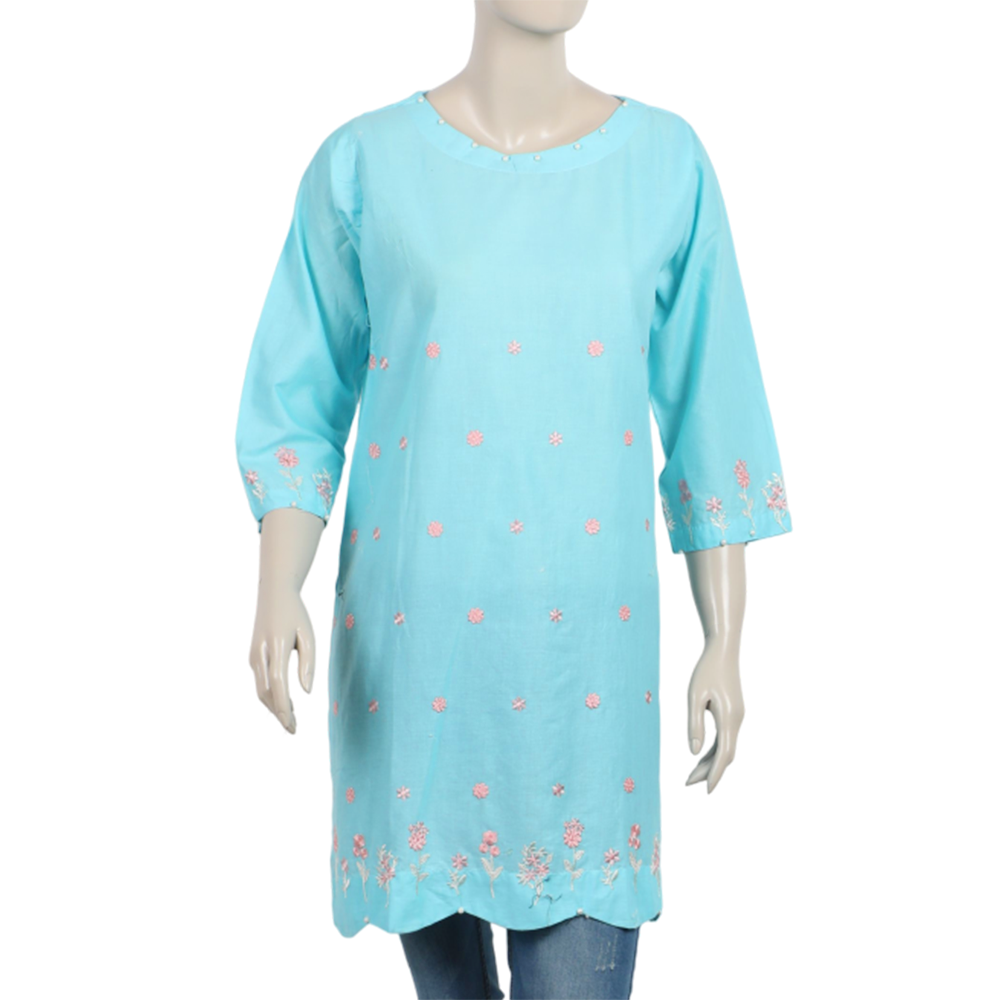 Women's Embroidered Stitched Kurti - Sky Blue, Women Ready Kurtis, Chase Value, Chase Value