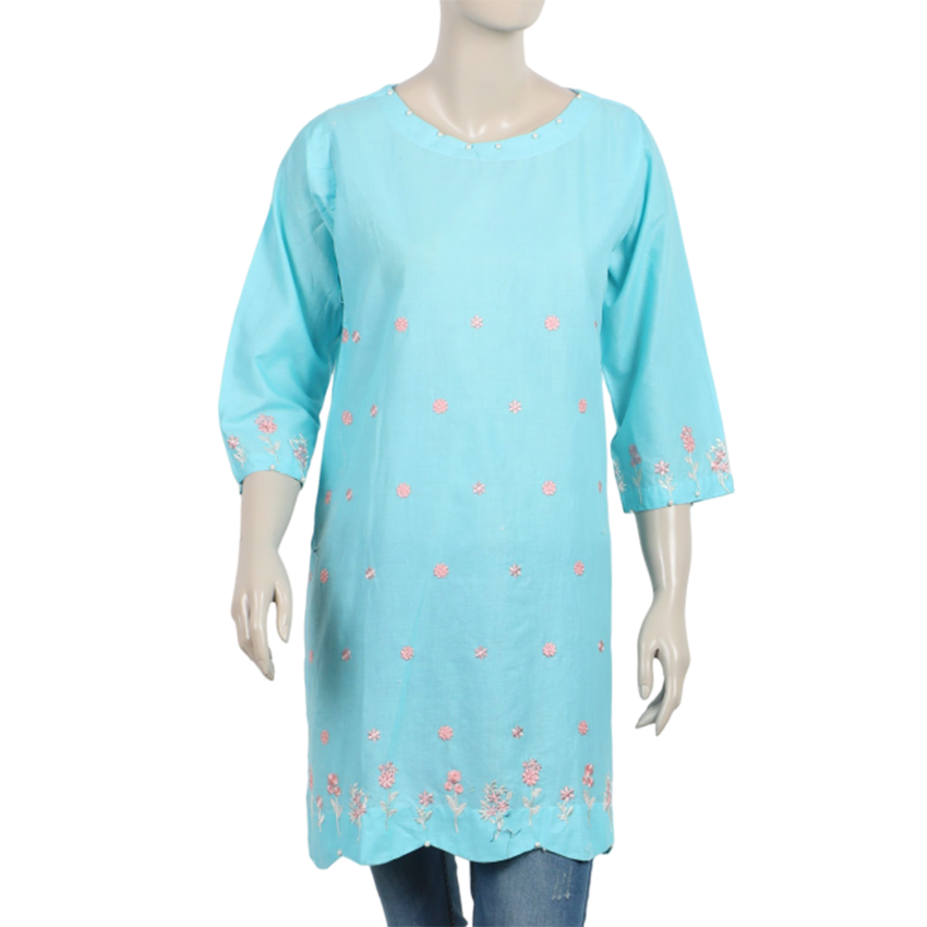 Women's Embroidered Stitched Kurti - Sky Blue