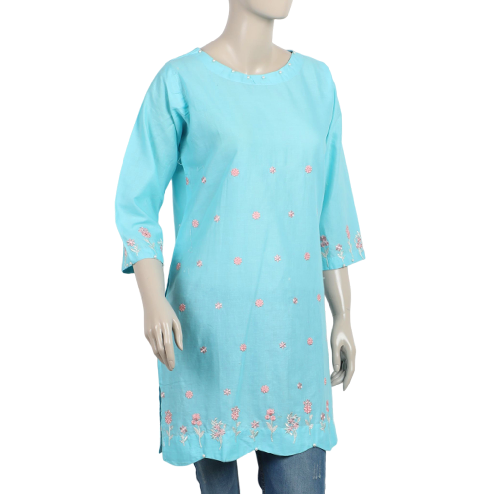 Women's Embroidered Stitched Kurti - Sky Blue, Women Ready Kurtis, Chase Value, Chase Value