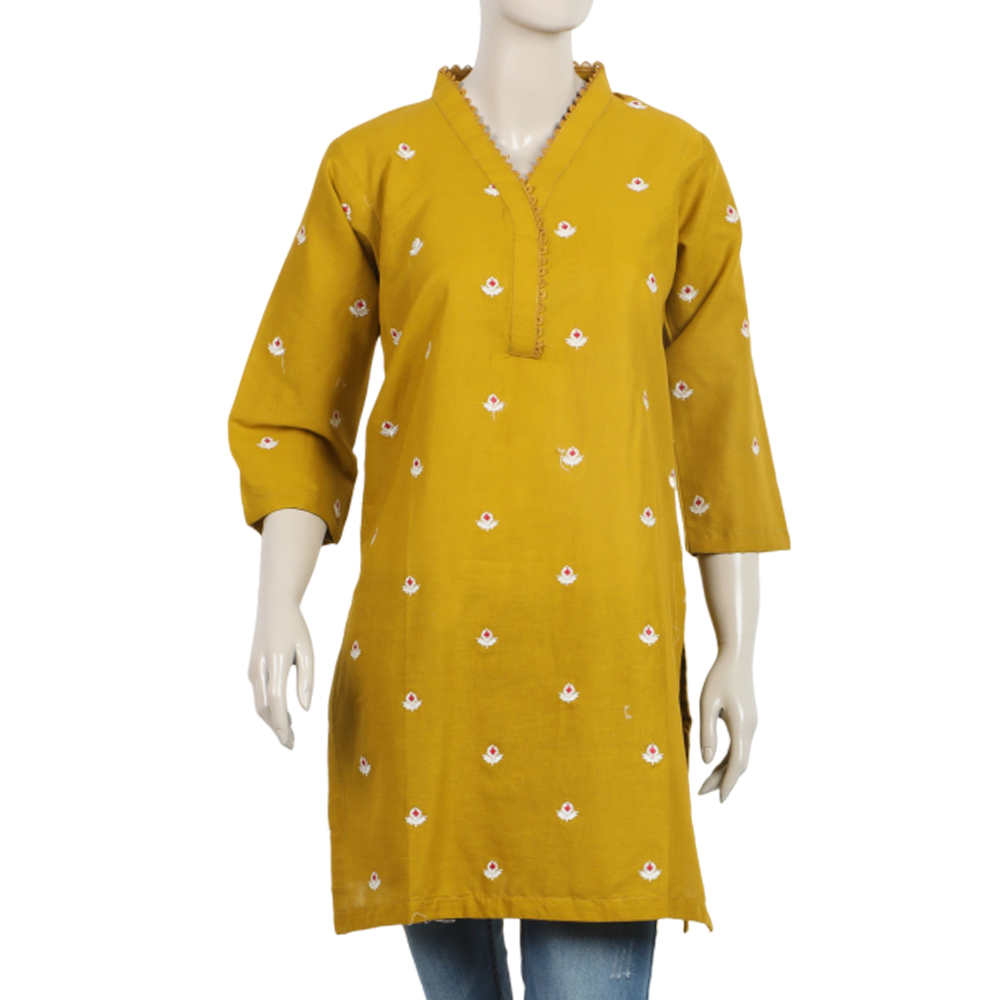 Women's Embroidered Stitched Kurti - Mustard, Women Ready Kurtis, Chase Value, Chase Value