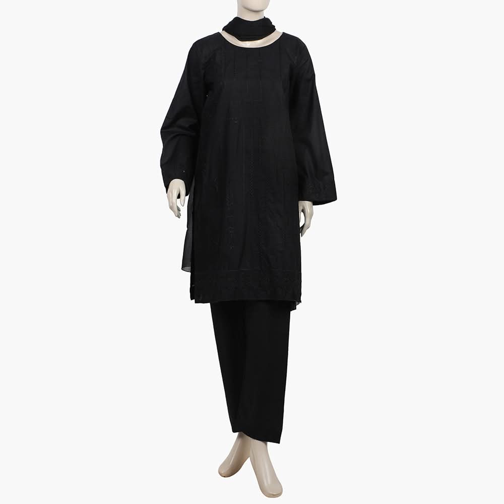 Women's Embroidered 3Pcs Stitched Shalwar Suit - Black, Women Shalwar Suits, Chase Value, Chase Value