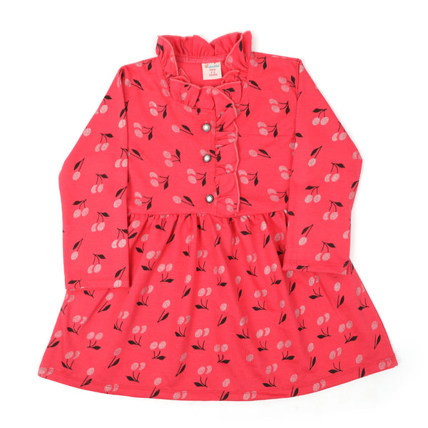 Girls Full Sleeves Frock - Dark Pink