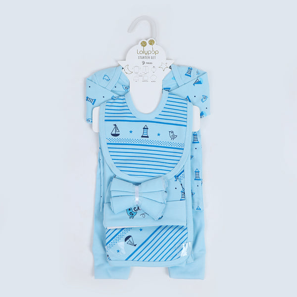 Newborn Starter Boat Print Suit Pack of 9 - Sky Blue