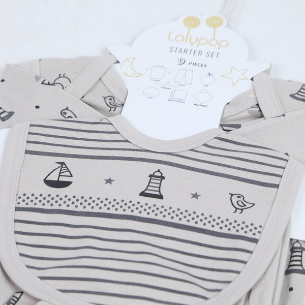 Newborn Starter Boat Print Suit Pack of 9 - Grey