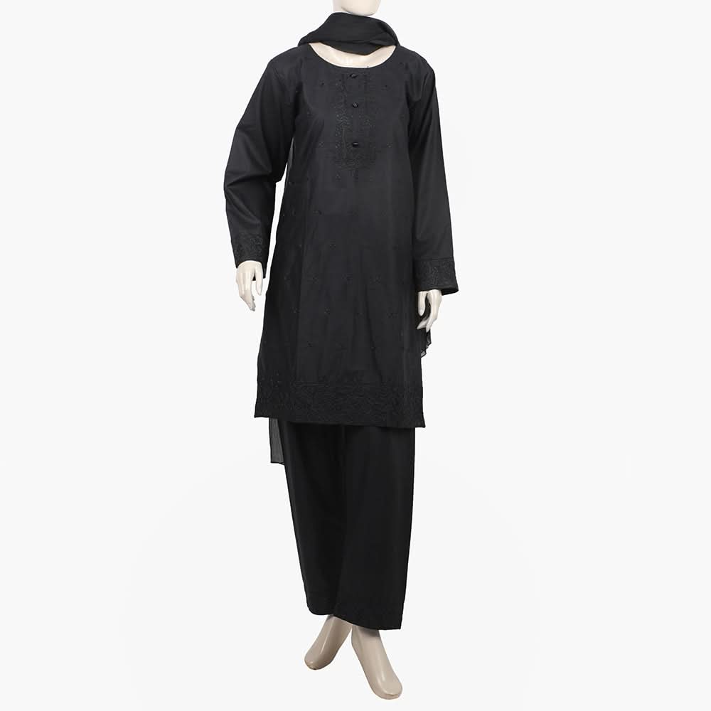 Women's Embroidered 3Pcs Stitched Shalwar Suit - Black, Women Shalwar Suits, Chase Value, Chase Value