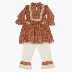 Girls Embroidered Shalwar Suit - Brown