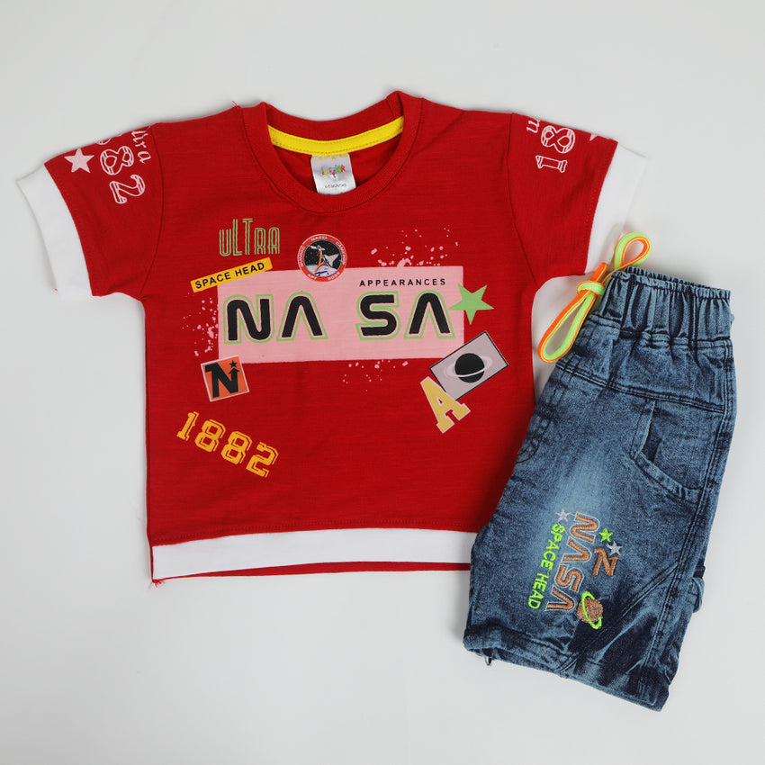 Newborn Boys Denim Suit - Red