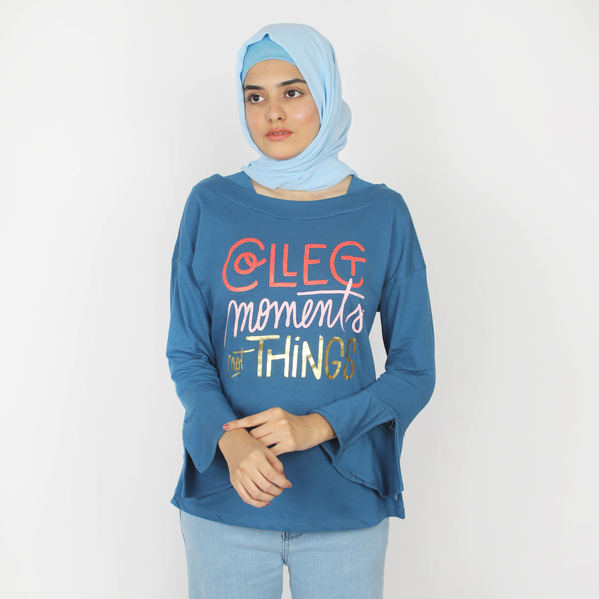 Women's Full Sleeves Top - Steel Blue, Women T-Shirts & Tops, Chase Value, Chase Value