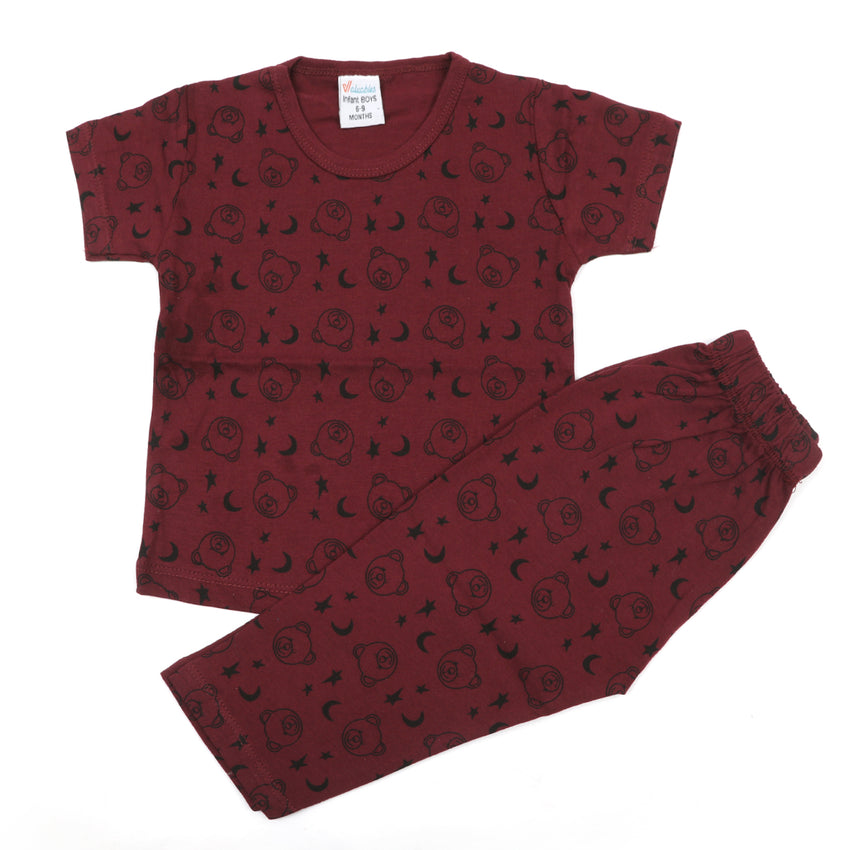 Newborn Boys Round Neck Half Sleeves Night Suit - Maroon