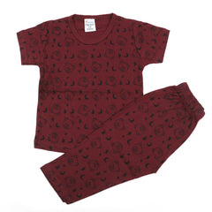Newborn Boys Round Neck Half Sleeves Night Suit - Maroon