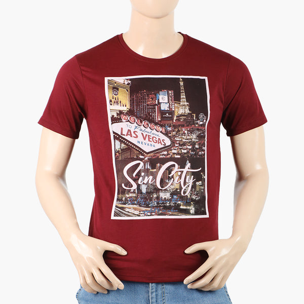 Men's Round Neck Half Sleeves Printed T-Shirt - Maroon