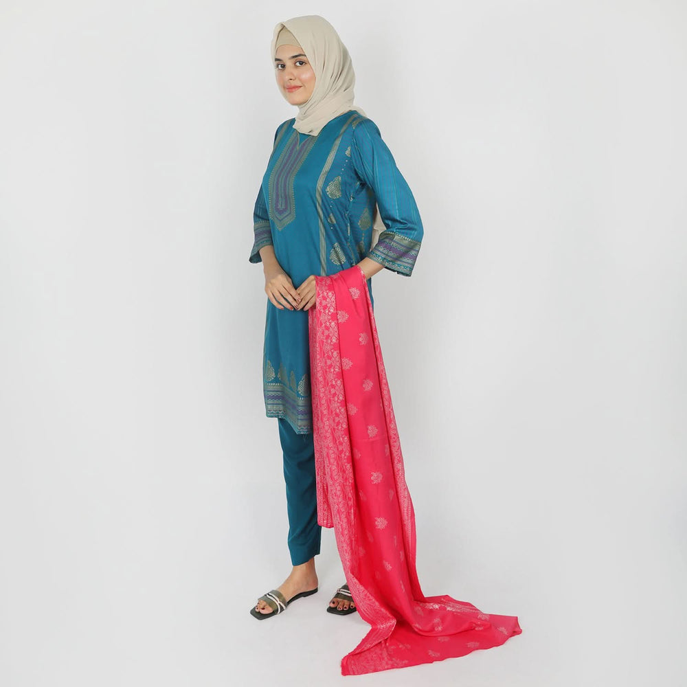 Women's Printed Stitched 03pcs Suit - Steel Green, Women Shalwar Suits, Chase Value, Chase Value