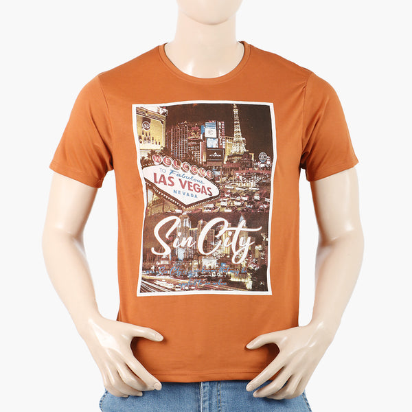 Men's Round Neck Half Sleeves Printed T-Shirt - Orange