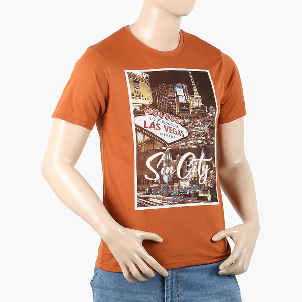 Men's Round Neck Half Sleeves Printed T-Shirt - Orange