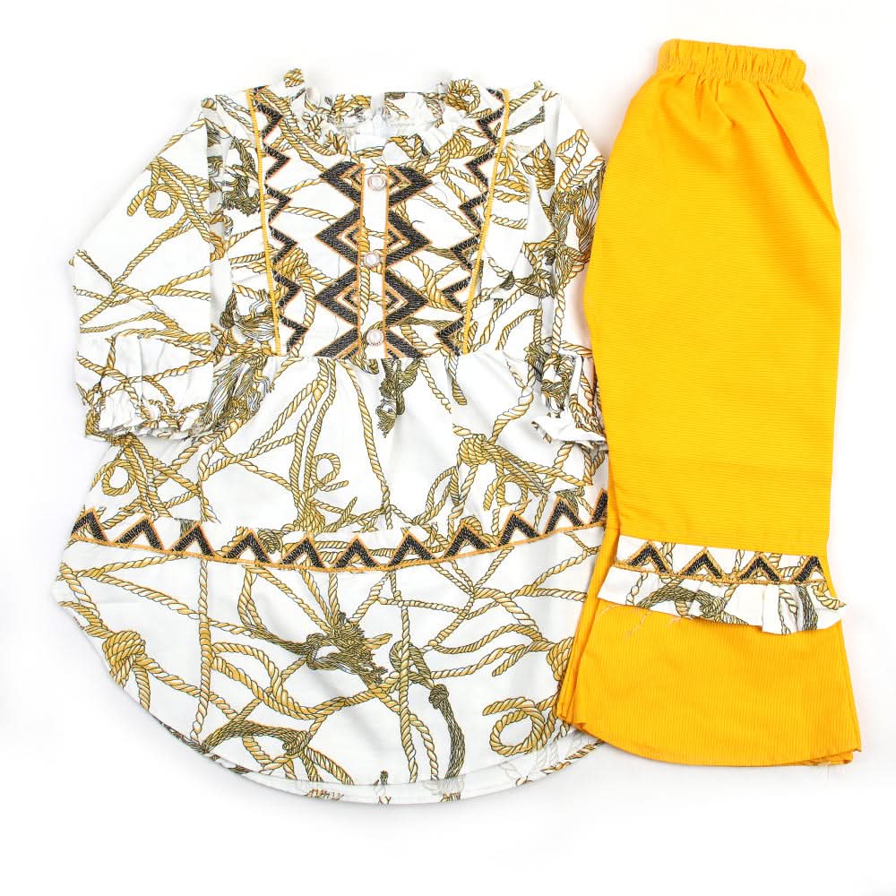 Girl Embroidered Shalwar Suit - White & Yellow, Girls Shalwar Kameez, Chase Value, Chase Value