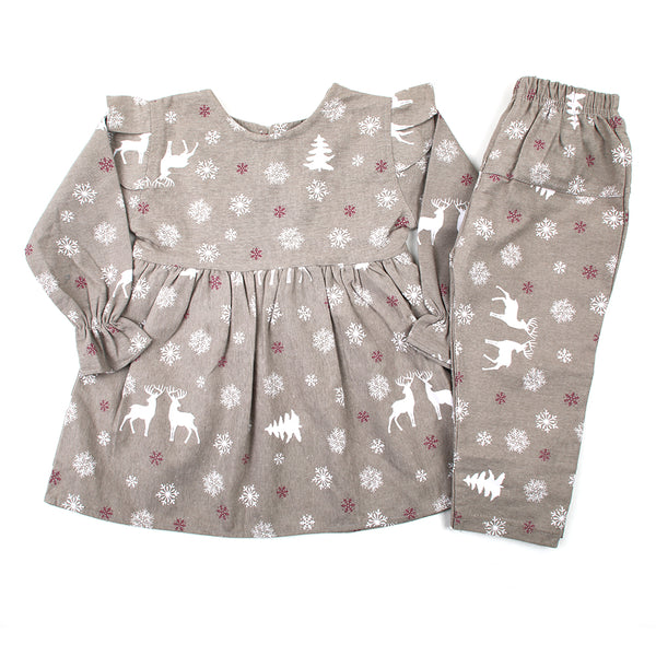 Girls Full Sleeves Flannel Suit - Grey