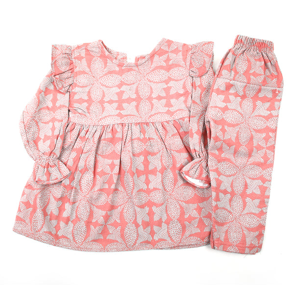 Girls Full Sleeves Flannel Suit - Peach