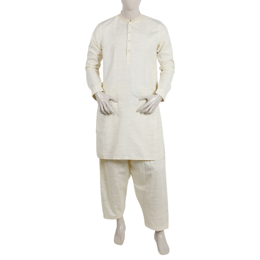 Men's Embroidered Kurta Shalwar Suit - Cream