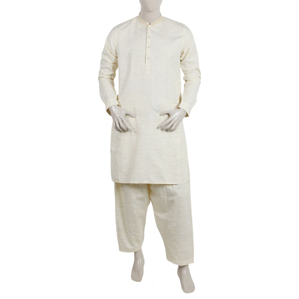 Men's Embroidered Kurta Shalwar Suit - Cream