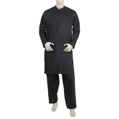 Men's Embroidered Stitched Shalwar Suit - Black