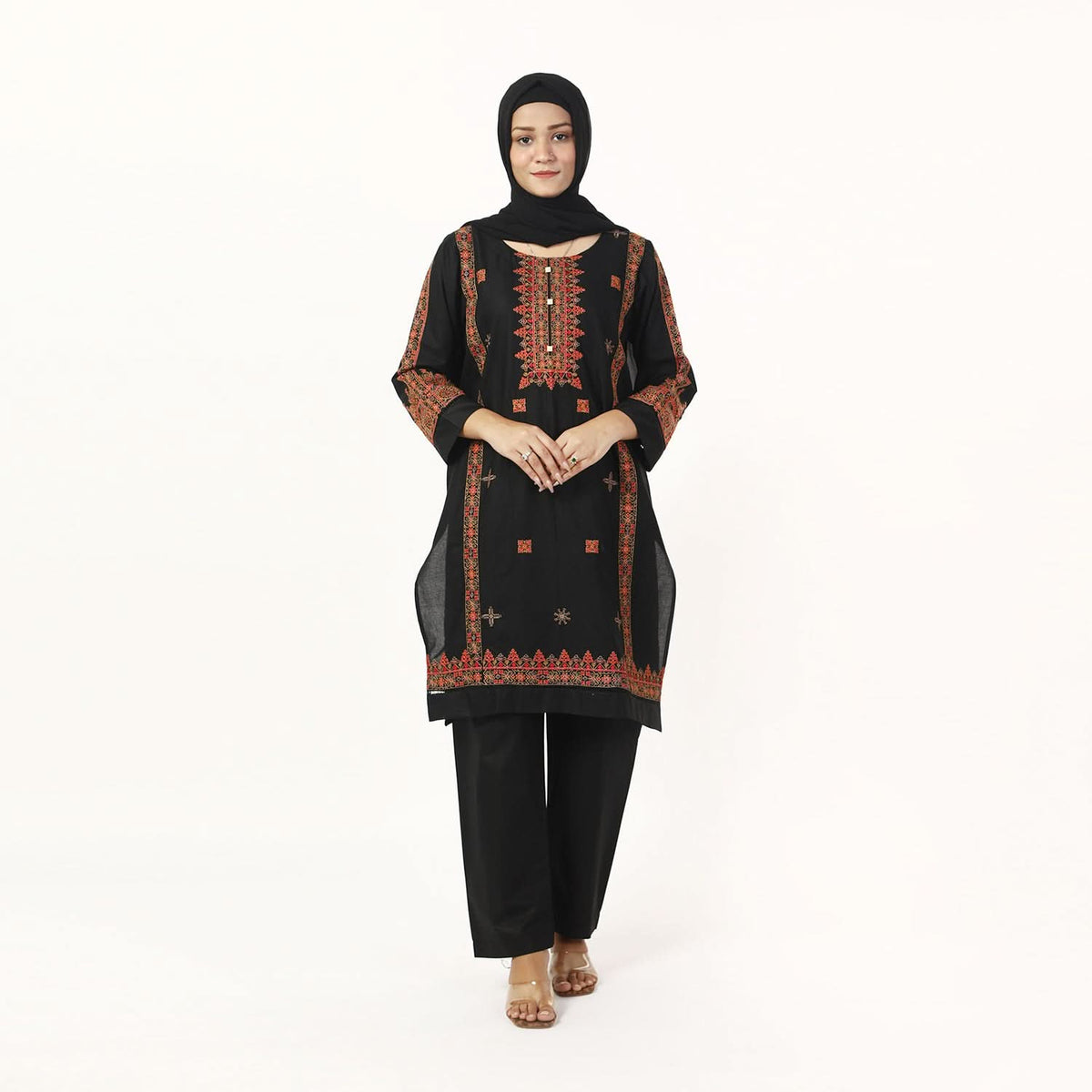 Women's Cotton Embroidered 2Pcs Suit - Black, Women Shalwar Suits, Chase Value, Chase Value