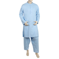 Men's Embroidered Stitched Shalwar Suit - Sky Blue