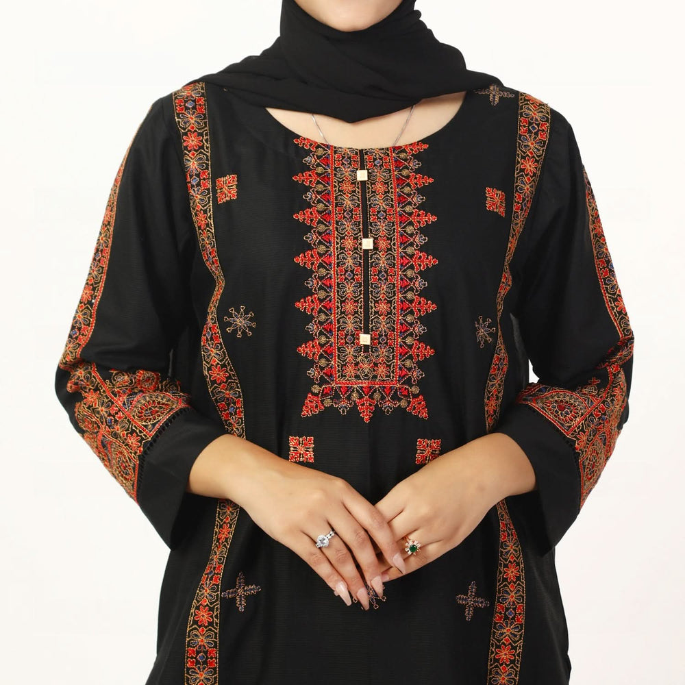Women's Cotton Embroidered 2Pcs Suit - Black, Women Shalwar Suits, Chase Value, Chase Value