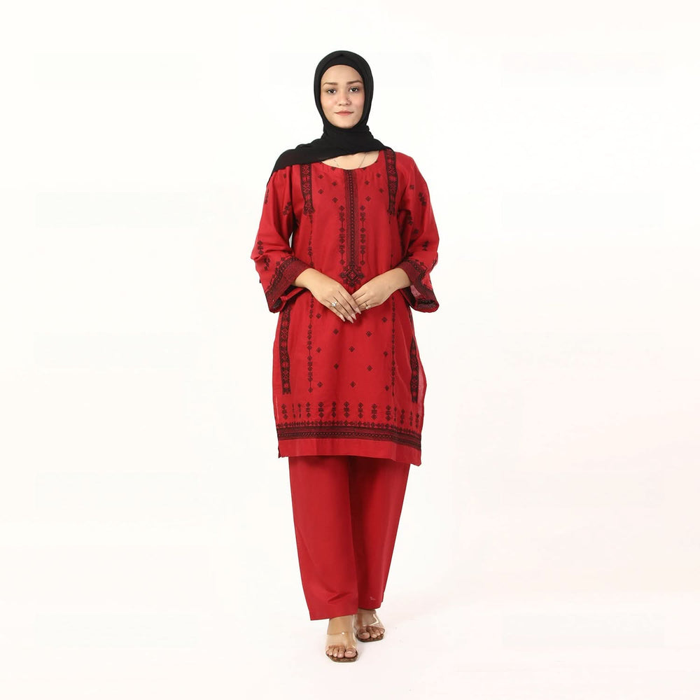 Women's Cotton Embroidered 2Pcs Suit - Red, Women Shalwar Suits, Chase Value, Chase Value