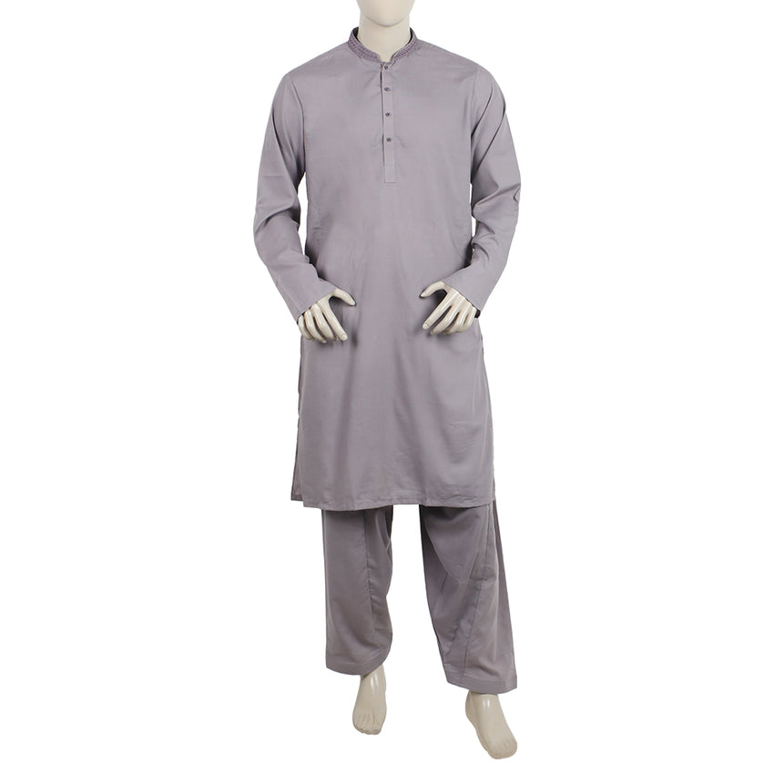 Men's Slim Fit Embroidered Shalwar Suit - Light Purple