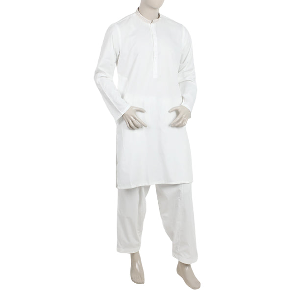 Men's Embroidered Stitched Shalwar Suit - White