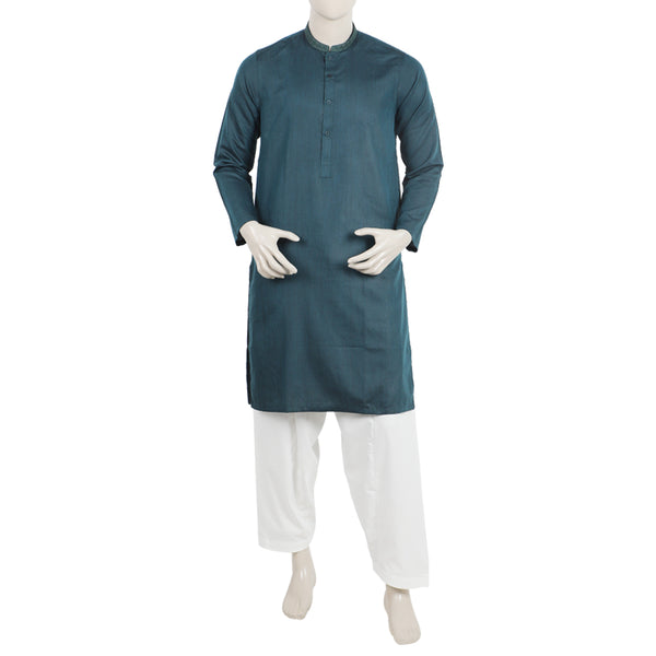 Men's Slim Fit Embroidered Kurta - Teal