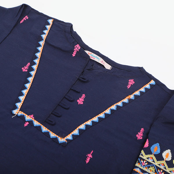 Girls Embroidered Kurti - Navy Blue