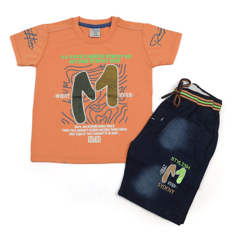 Boys Half Sleeves Denim Short Suit - Peach, Boys Sets & Suits, Chase Value, Chase Value