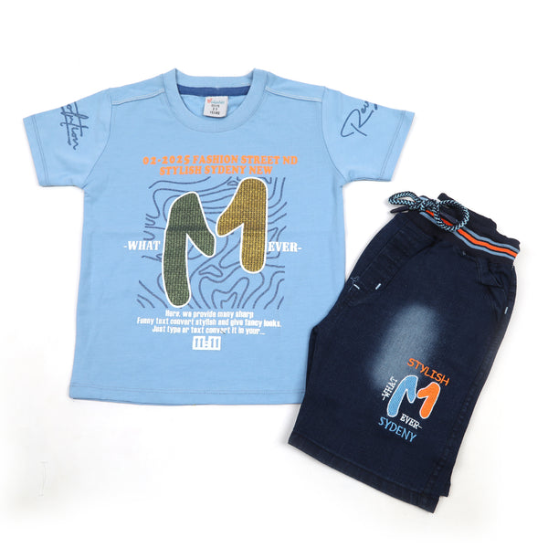 Boys Half Sleeves Denim Short Suit - Sky Blue