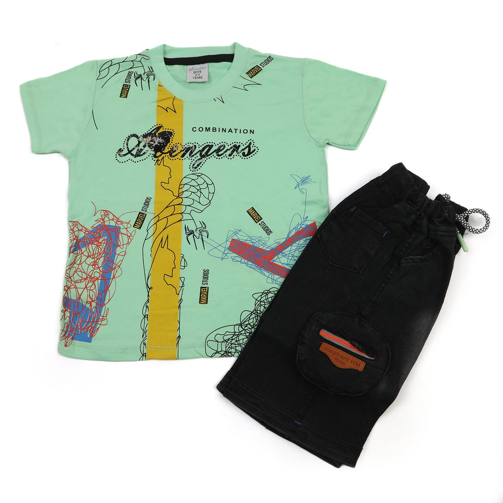 Boys Half Sleeves Denim Short Suit - Cyan, Boys Sets & Suits, Chase Value, Chase Value