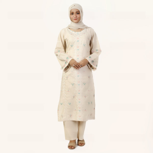 Women's Cotton Embroidered 2Pcs Suit - Fawn