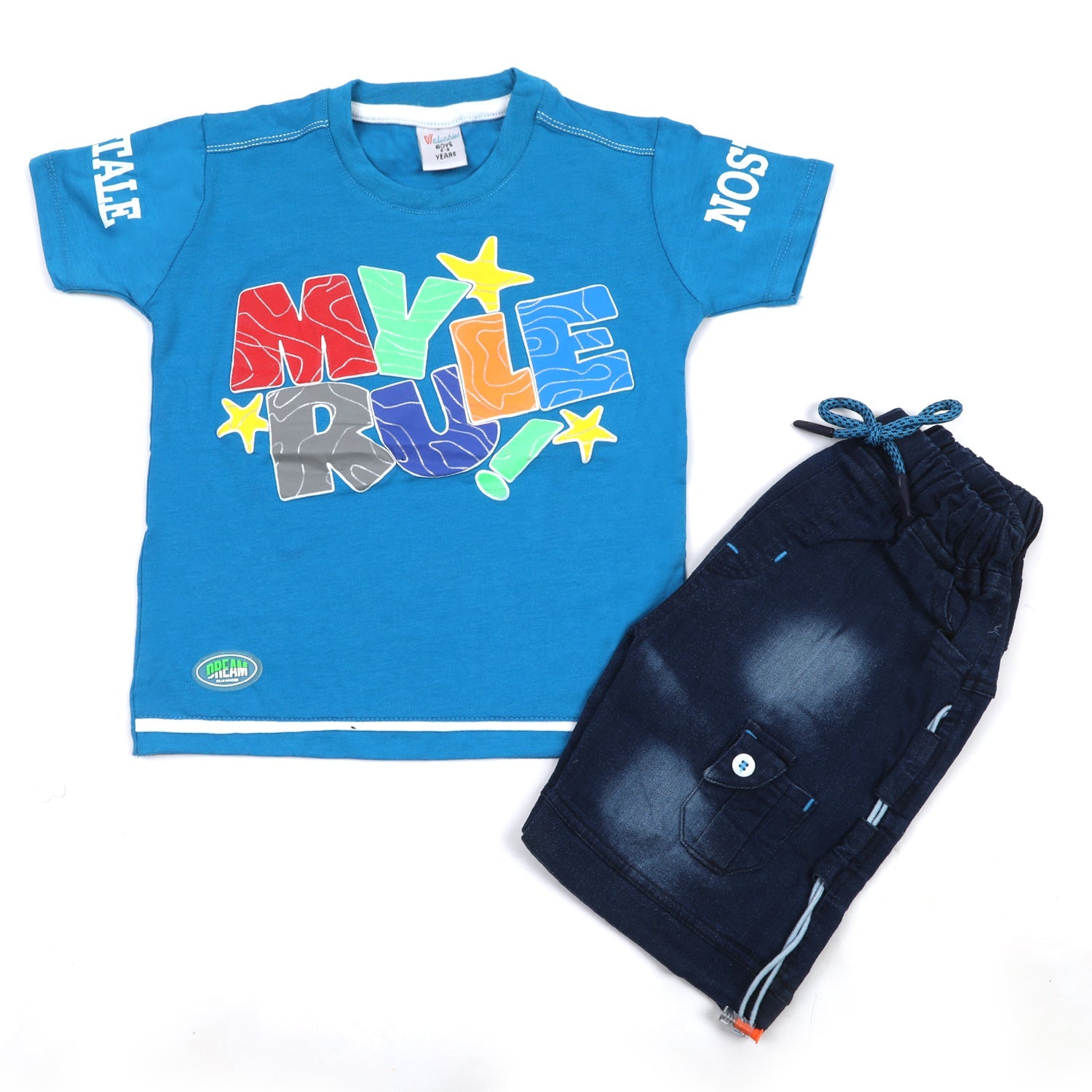 Boys Half Sleeves Denim Short Suit - Steel Blue, Boys Sets & Suits, Chase Value, Chase Value