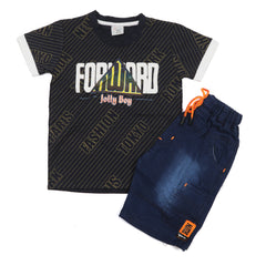 Boys Half Sleeves Denim Short Suit - Navy Blue