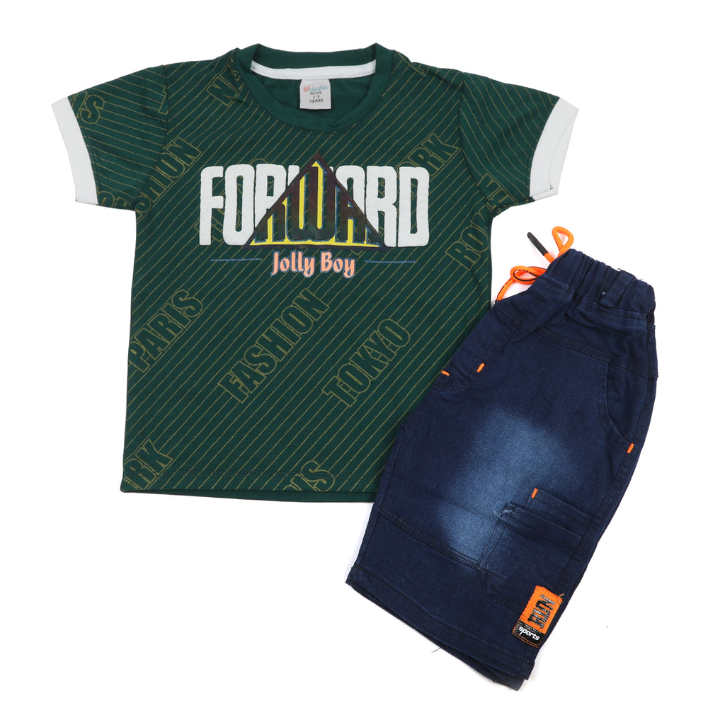 Boys Half Sleeves Denim Short Suit - Green, Boys Sets & Suits, Chase Value, Chase Value