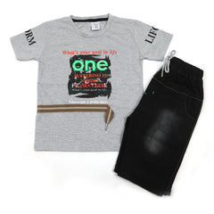 Boys Half Sleeves Denim Short Suit - Grey